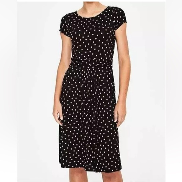 Boden Amelie‎ Black Pink Polka Dot Jersey Knit Fit Flare Dress Pockets Size 14 - Picture 1 of 13